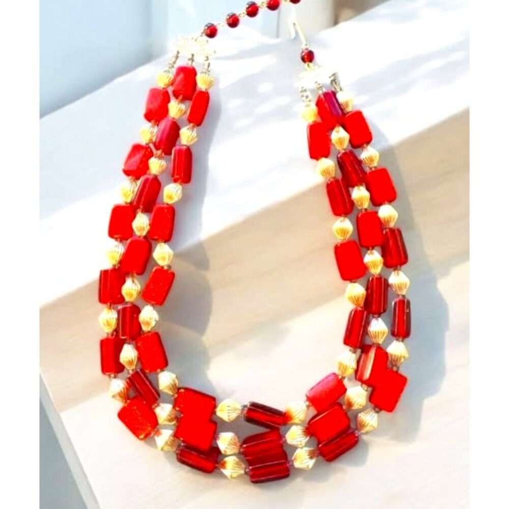 Red & Gold Multi Style Beaded Necklace 19"